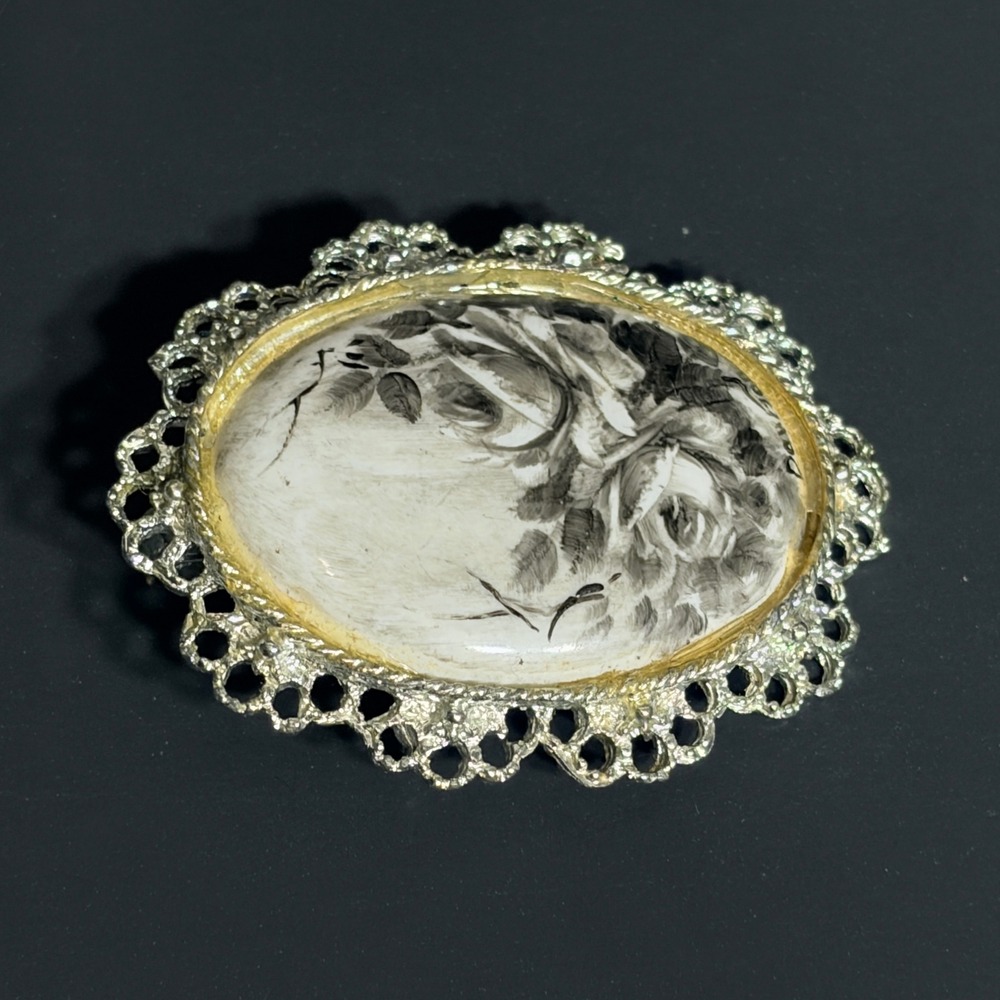 Signed Vtg Hand Painted Porcelain Rose Brooch Pendant Silver Tone Filigree - Picture 5 of 14